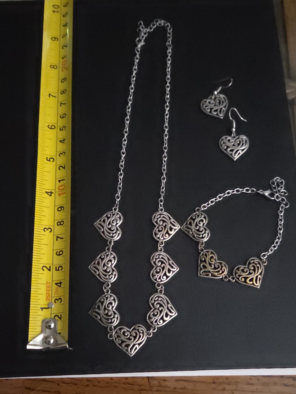 Silver Heart Filigree Jewelry Set - Necklace, Bracelet & Earrings